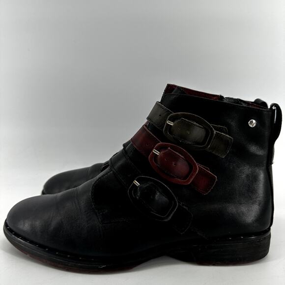 Pikolinos Caravaca Buckle Strap Bootie Leather High Top Black Red EU 39 US 9 - Picture 4 of 7